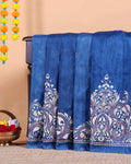 Traditional Kantha Work Saree with Exquisite Hand Embroidery and Ornate Floral Pattern Border - Blue