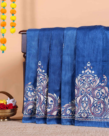 Traditional Kantha Work Saree with Exquisite Hand Embroidery and Ornate Floral Pattern Border - Blue