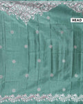 Traditional Kantha Work Saree with Exquisite Hand Embroidery and Ornate Floral Pattern Border - Green-head