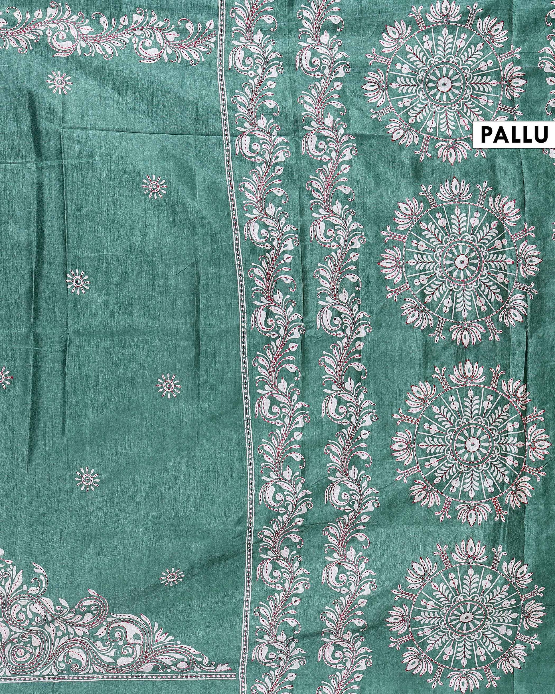 Traditional Kantha Work Saree with Exquisite Hand Embroidery and Ornate Floral Pattern Border - Green-head
