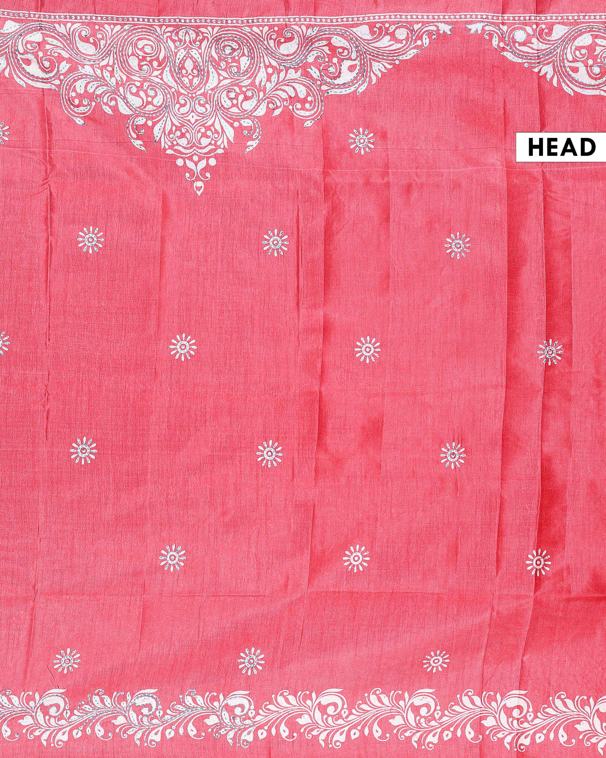 Traditional Kantha Work Saree with Exquisite Hand Embroidery and Ornate Floral Pattern Border - Light Red