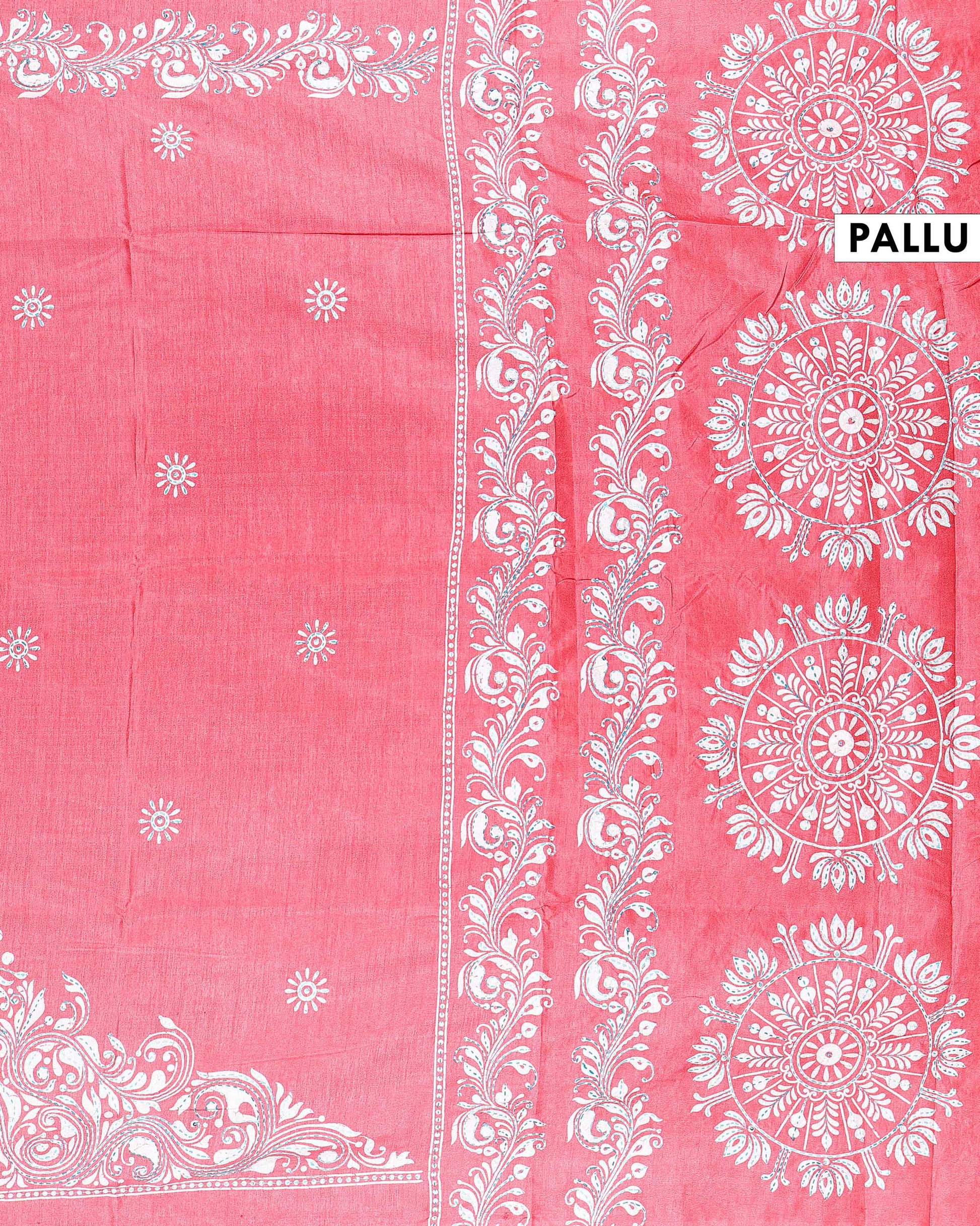 Traditional Kantha Work Saree with Exquisite Hand Embroidery and Ornate Floral Pattern Border - Light Red