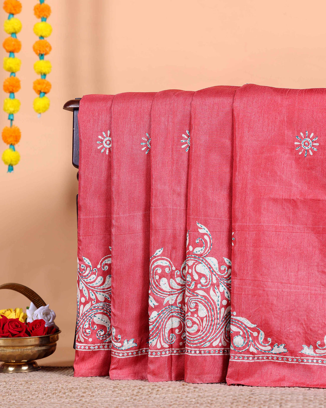 Traditional Kantha Work Saree with Exquisite Hand Embroidery and Ornate Floral Pattern Border - Light Red