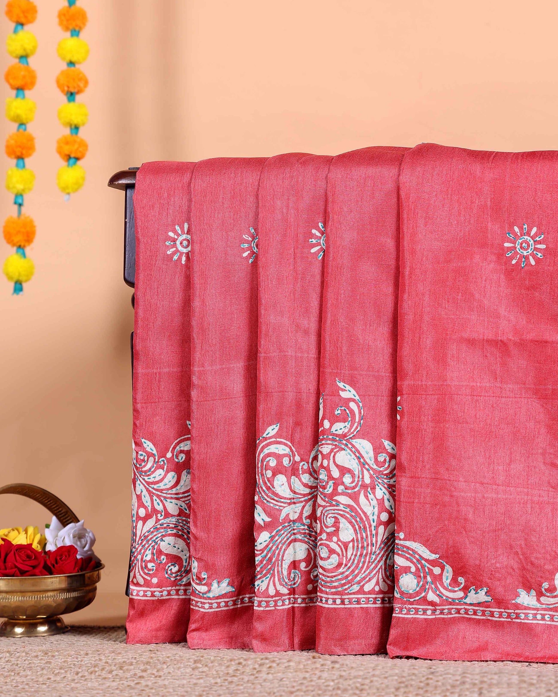 Traditional Kantha Work Saree with Exquisite Hand Embroidery and Ornate Floral Pattern Border - Light Red