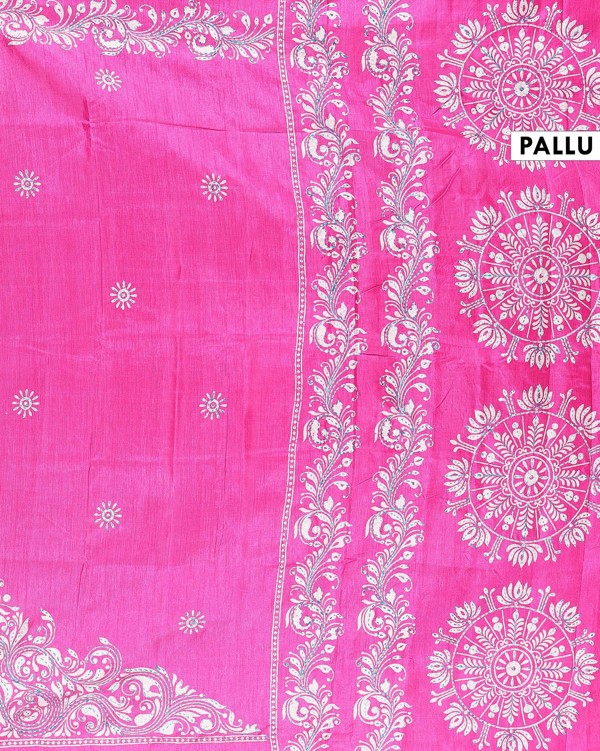 Traditional Kantha Work Saree with Exquisite Hand Embroidery and Ornate Floral Pattern Border - Pink-head