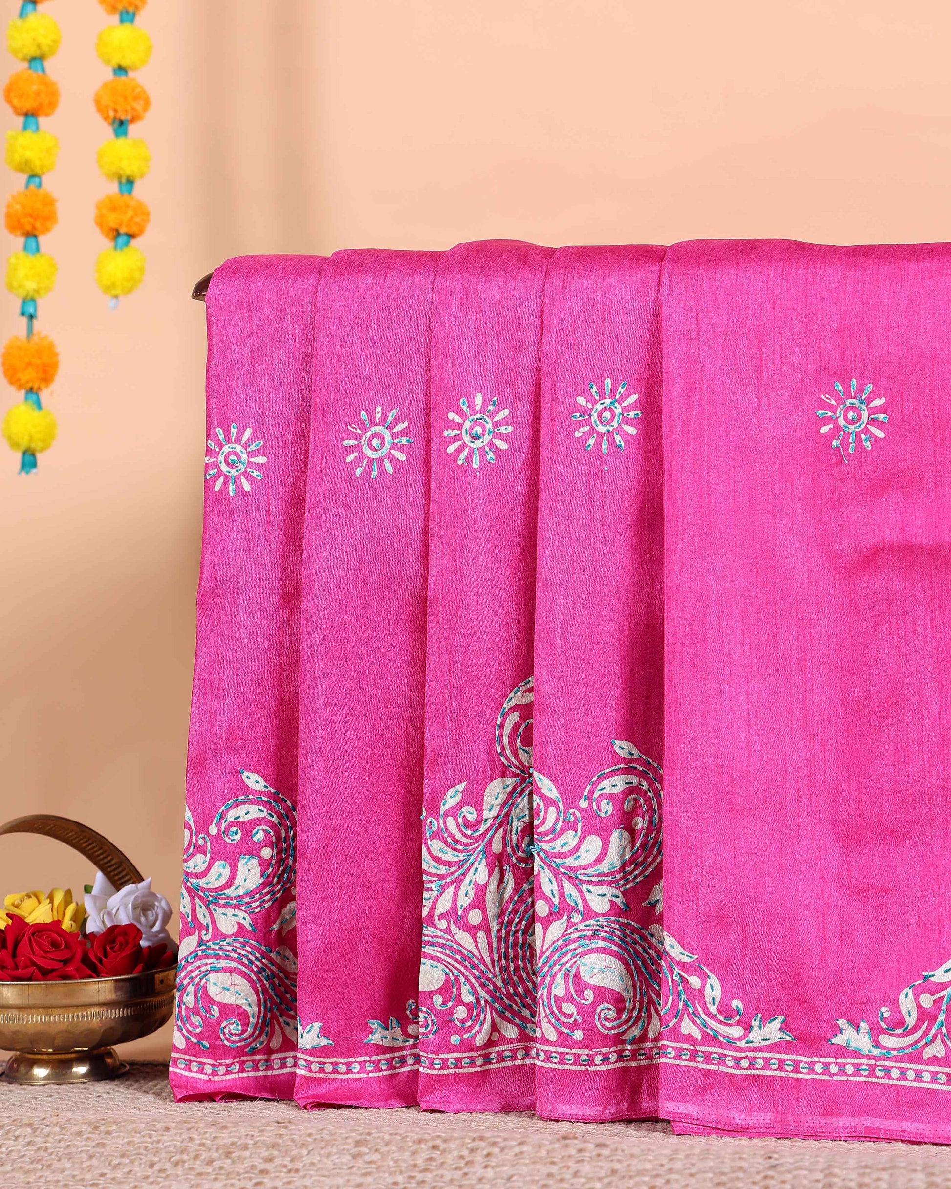 Traditional Kantha Work Saree with Exquisite Hand Embroidery and Ornate Floral Pattern Border - Pink
