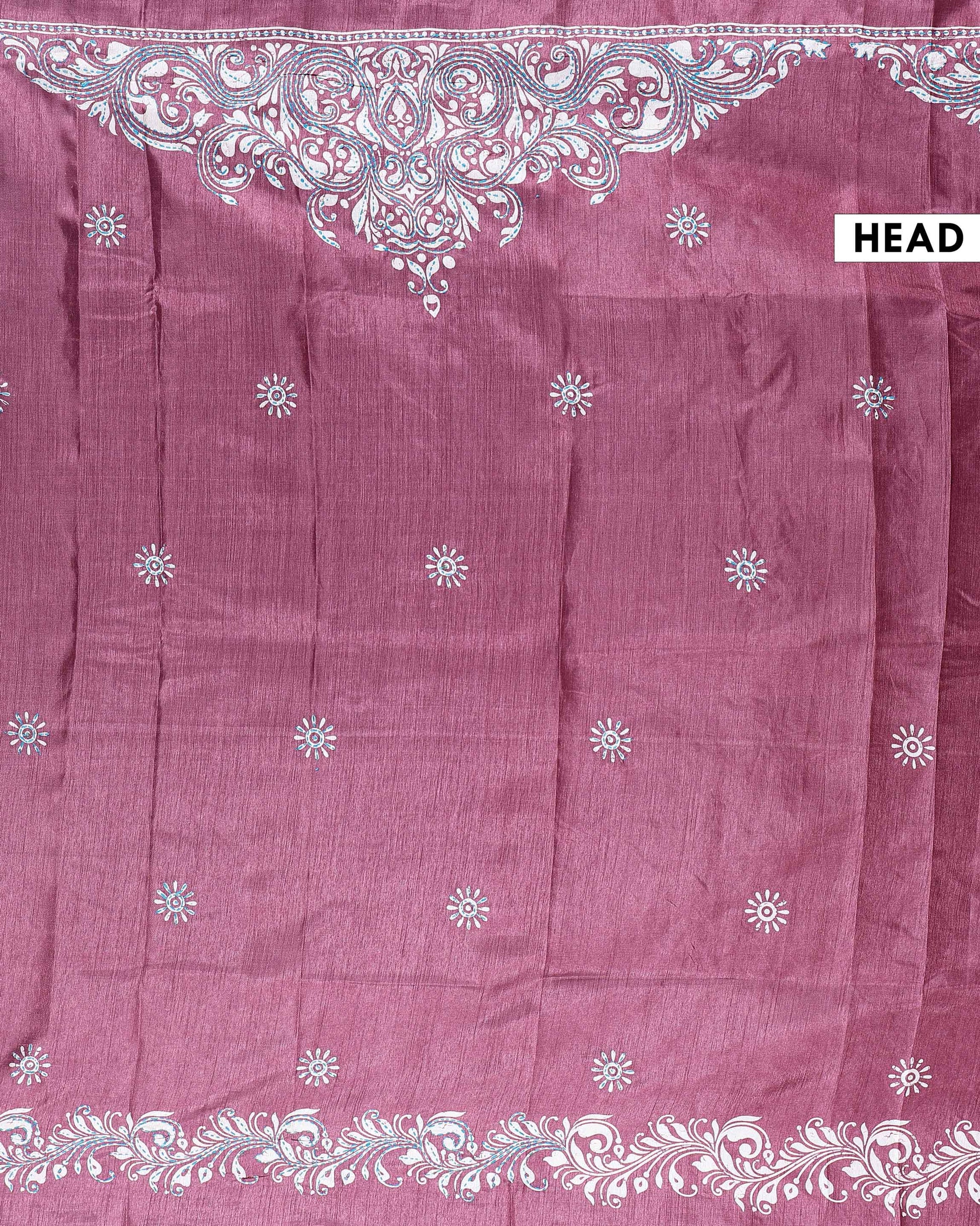 Traditional Kantha Work Saree with Exquisite Hand Embroidery and Ornate Floral Pattern Border - Purple