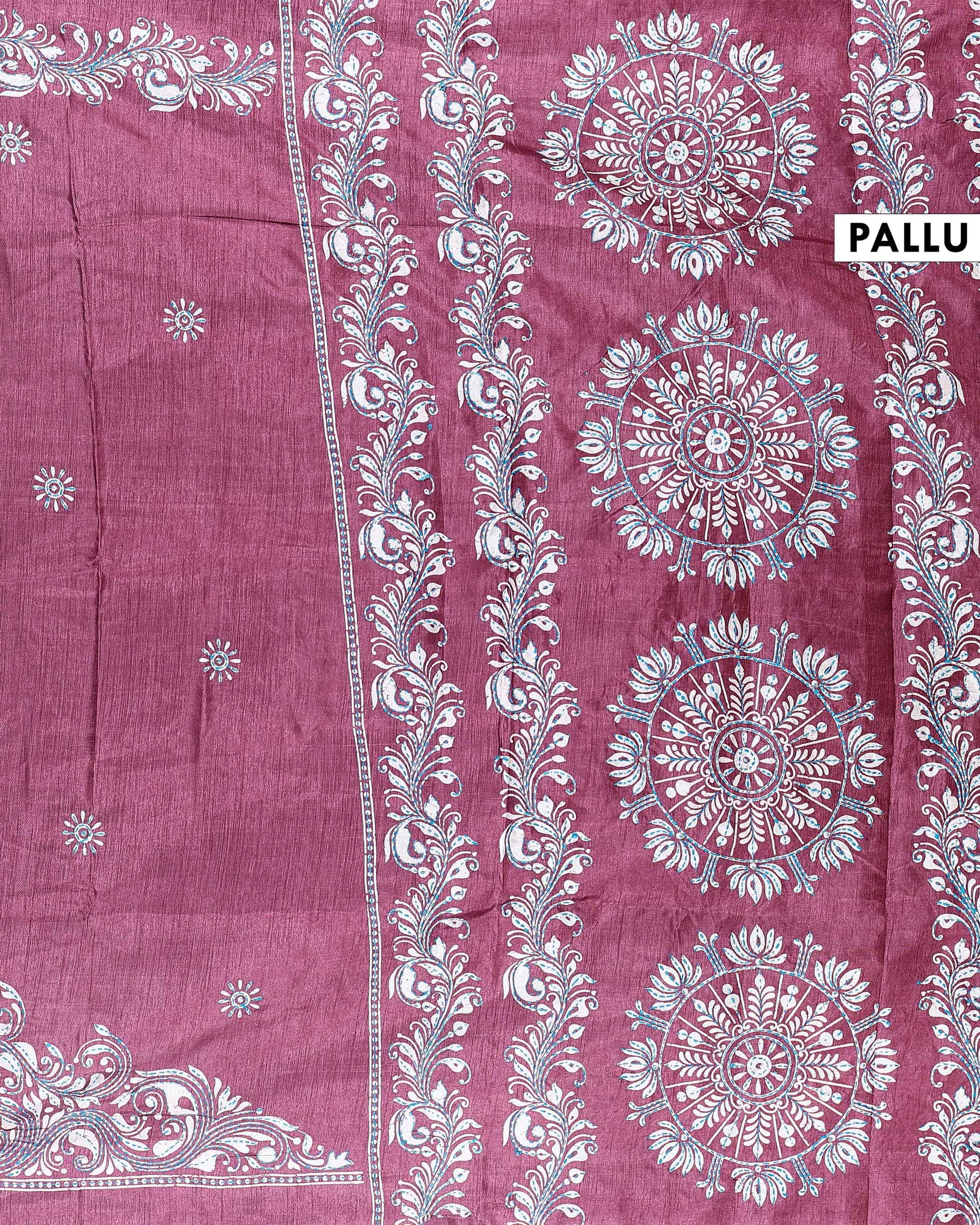 Traditional Kantha Work Saree with Exquisite Hand Embroidery and Ornate Floral Pattern Border - Purple