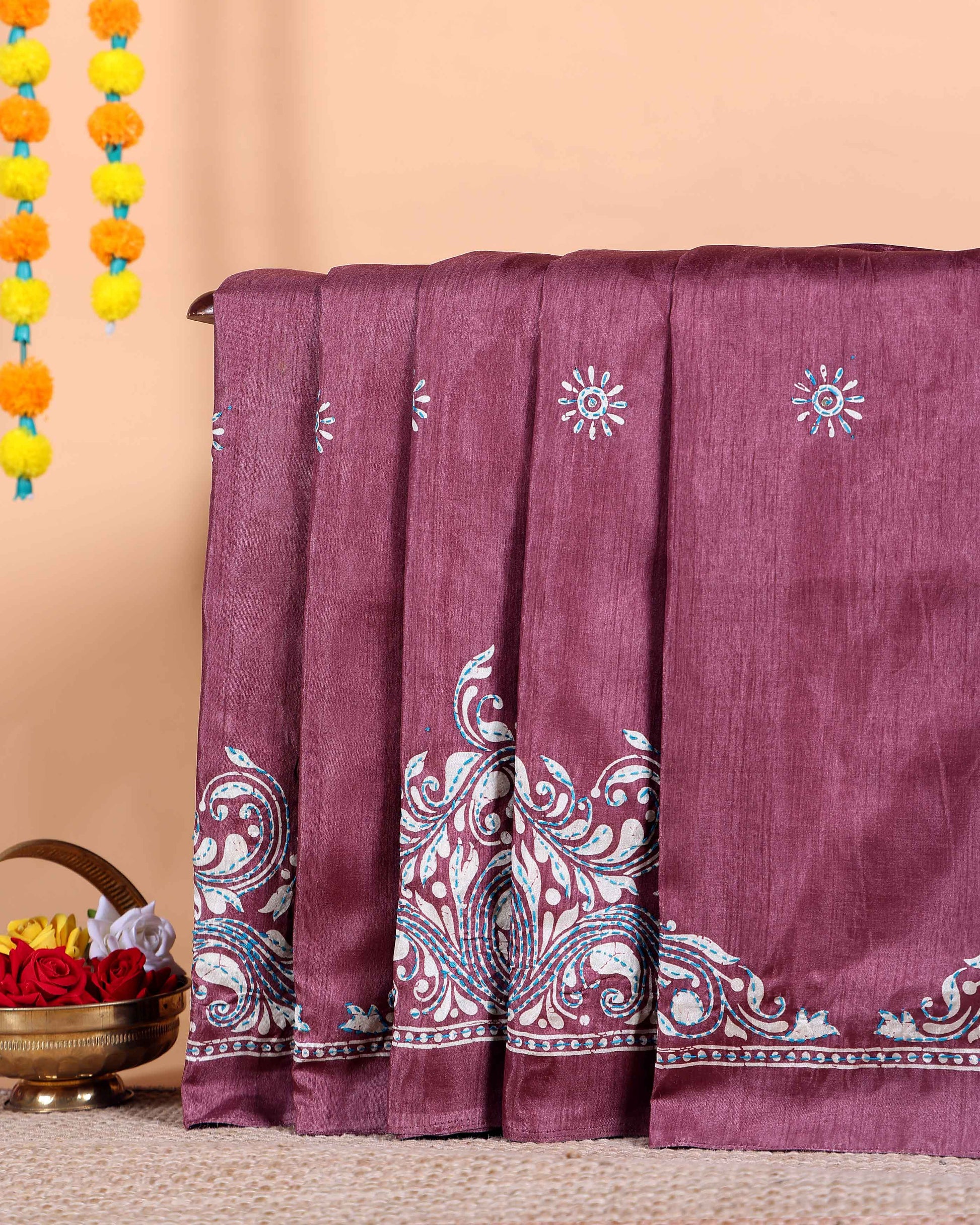 Traditional Kantha Work Saree with Exquisite Hand Embroidery and Ornate Floral Pattern Border - Purple