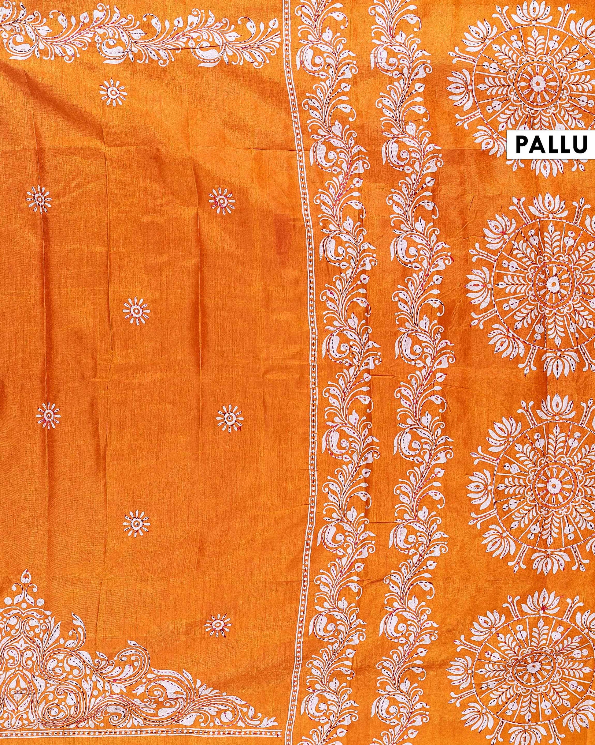 Traditional Kantha Work Saree with Exquisite Hand Embroidery and Ornate Floral Pattern Border - Yellow