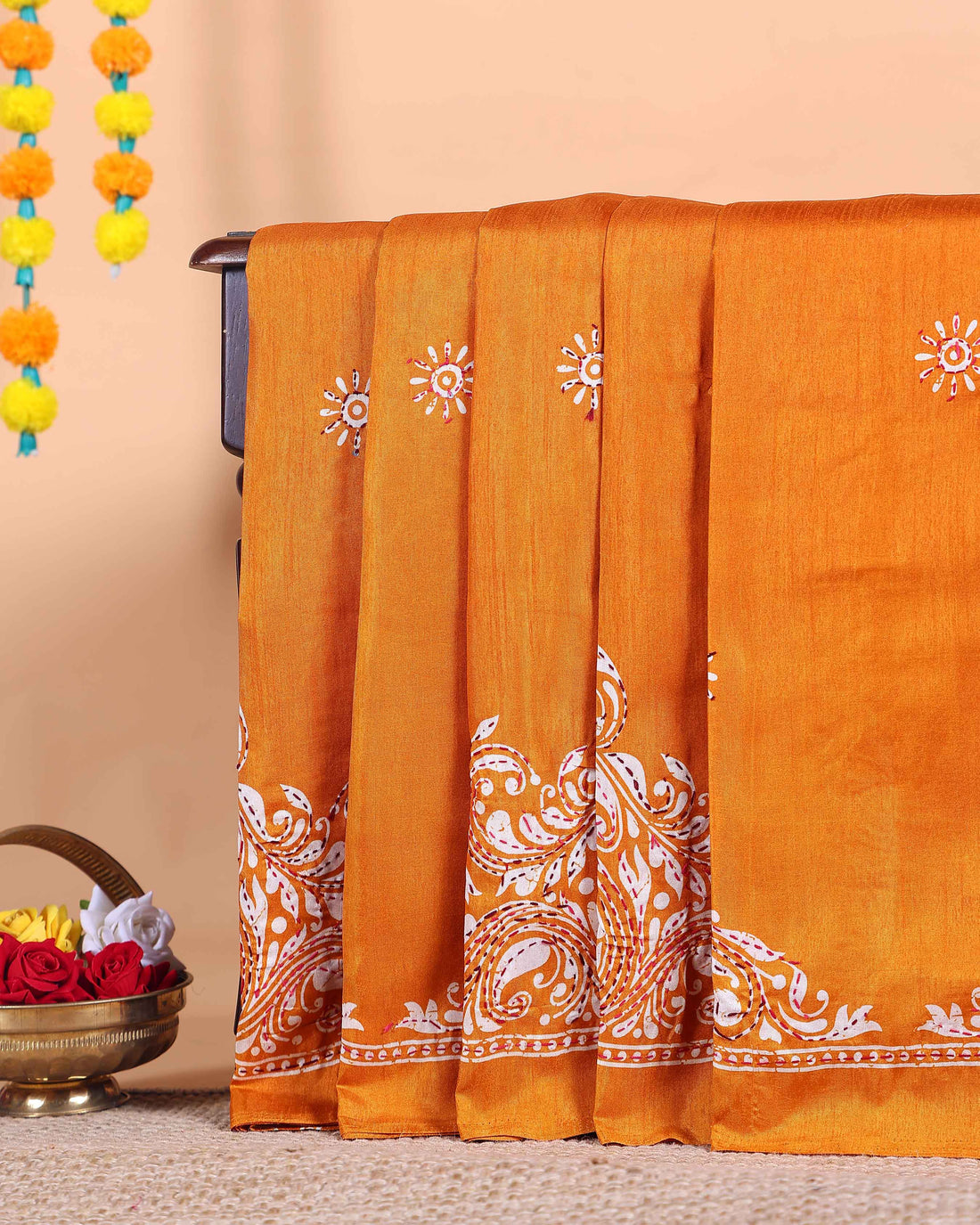 Traditional Kantha Work Saree with Exquisite Hand Embroidery and Ornate Floral Pattern Border - Yellow