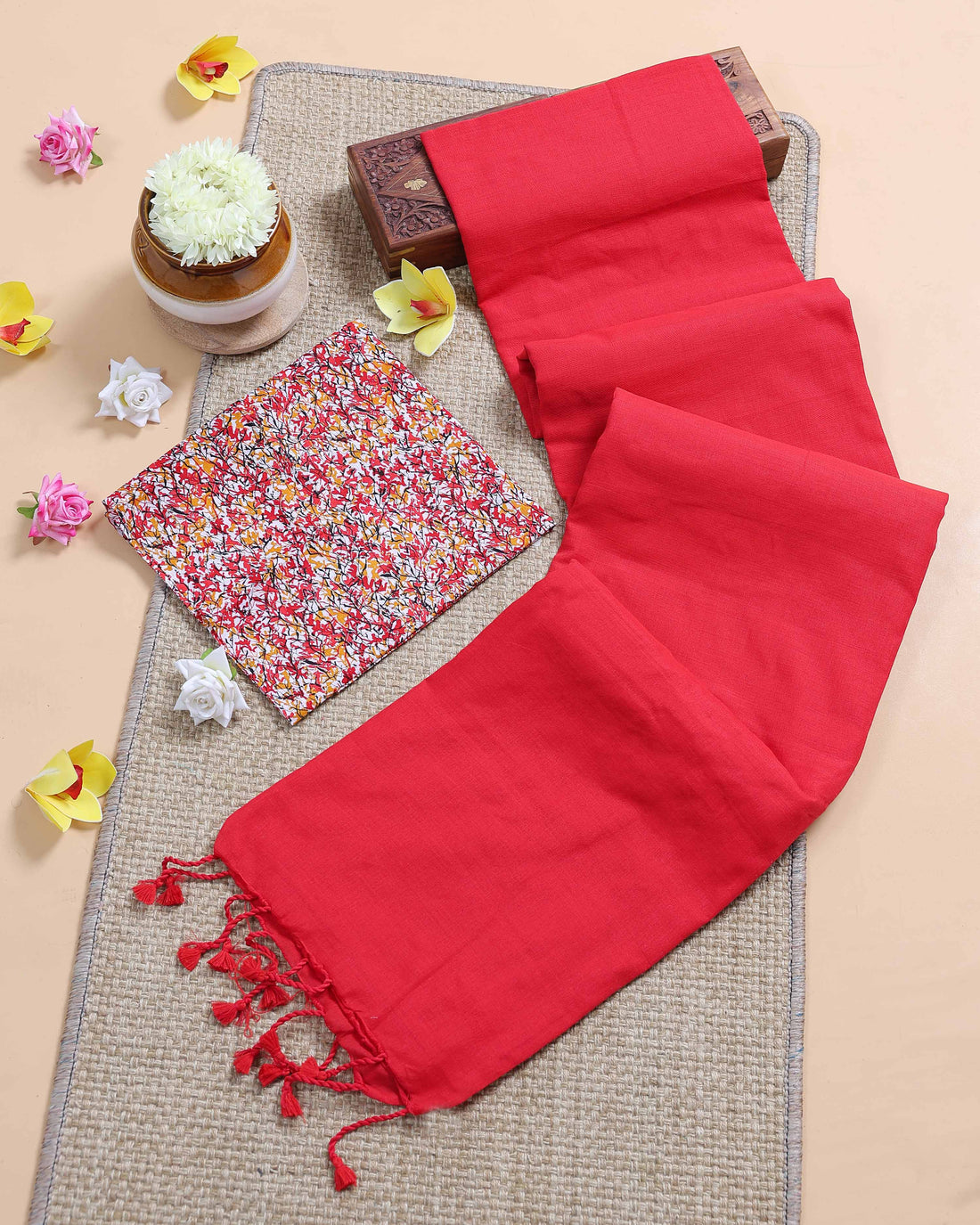 Traditional Khadi Cotton Saree with Contrast Printed Blouse and Tassel Accents -Red