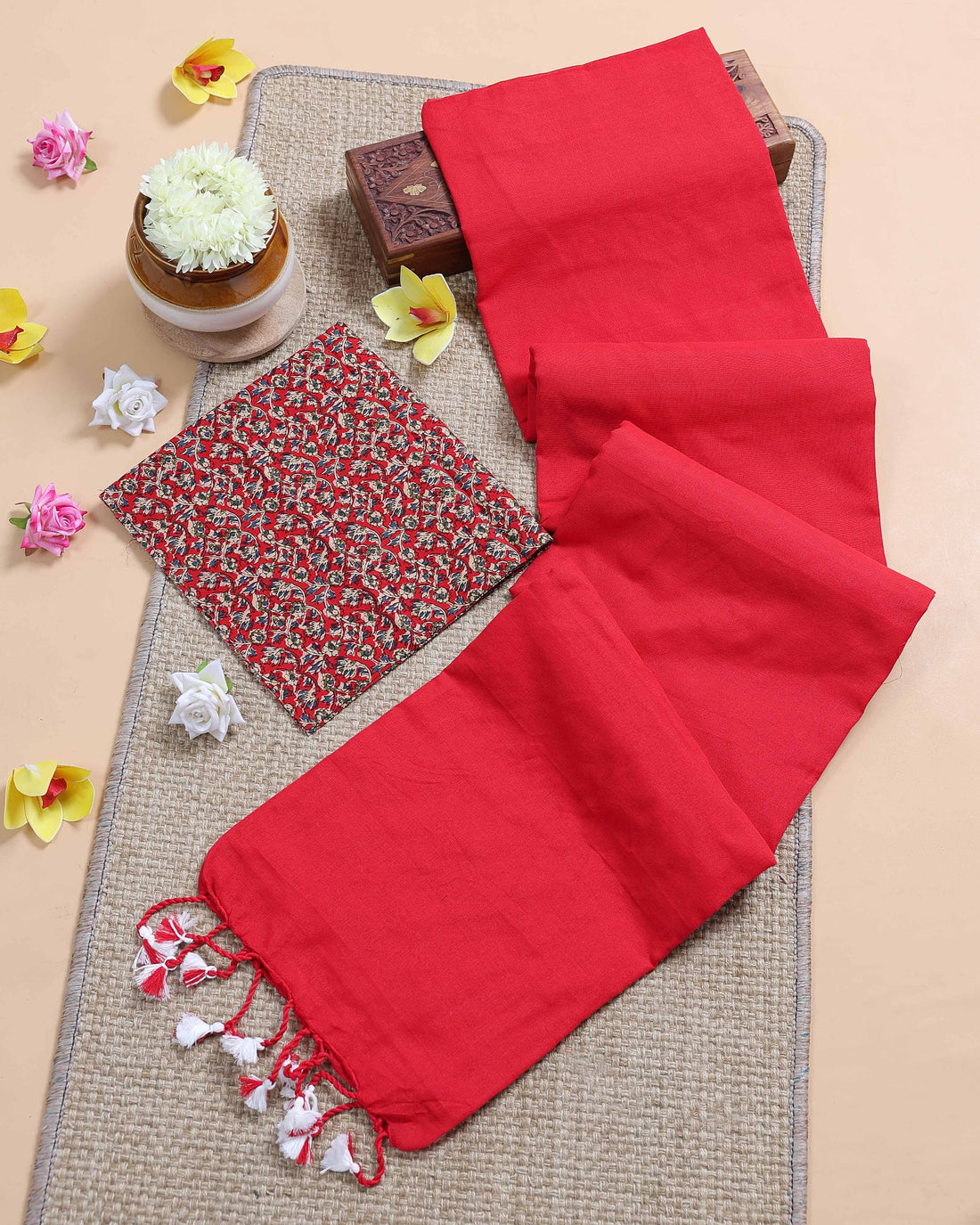 Traditional Khadi Cotton Saree with Contrast Printed Blouse and Tassel Accents -Red