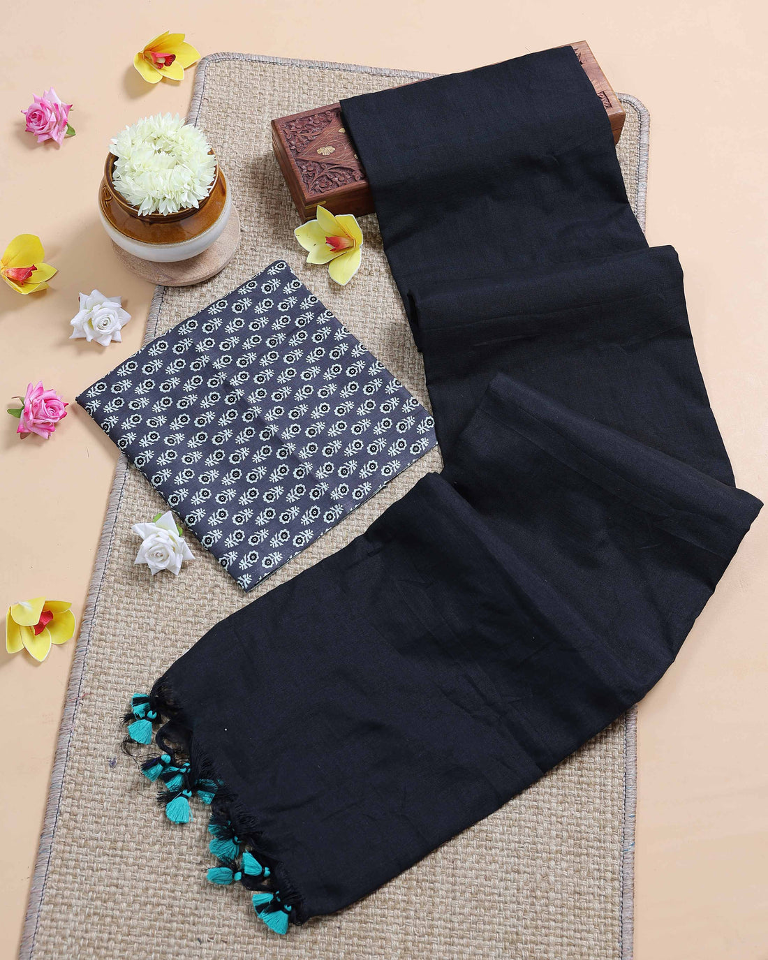 Traditional Khadi Cotton Saree with Contrast Printed Blouse and Tassel Accents - Black