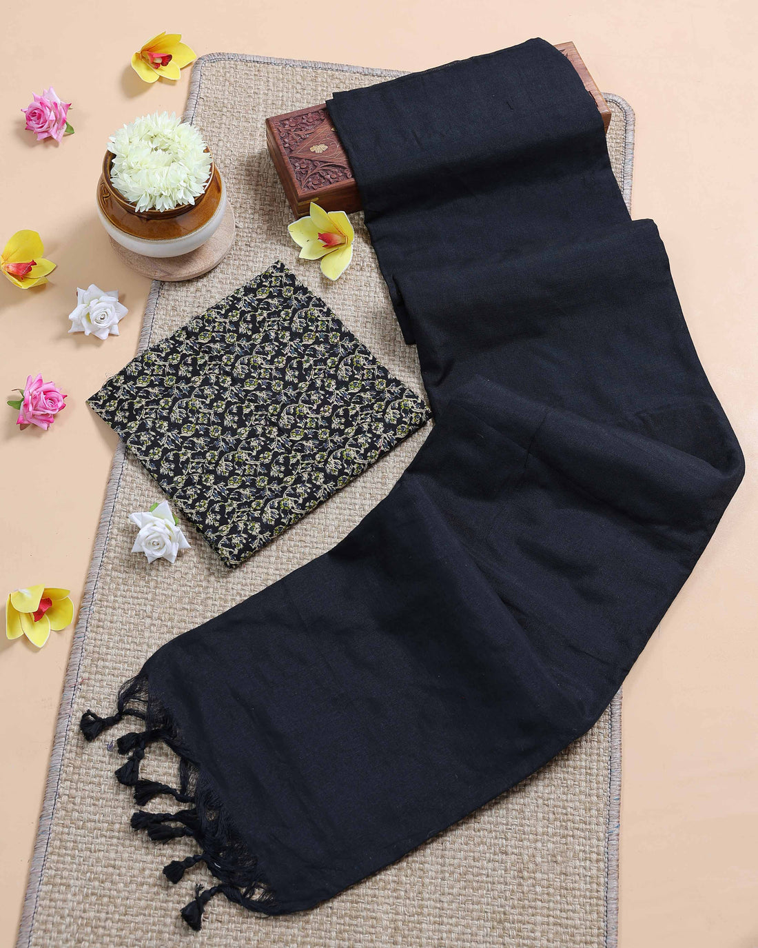 Traditional Khadi Cotton Saree with Contrast Printed Blouse and Tassel Accents - Black