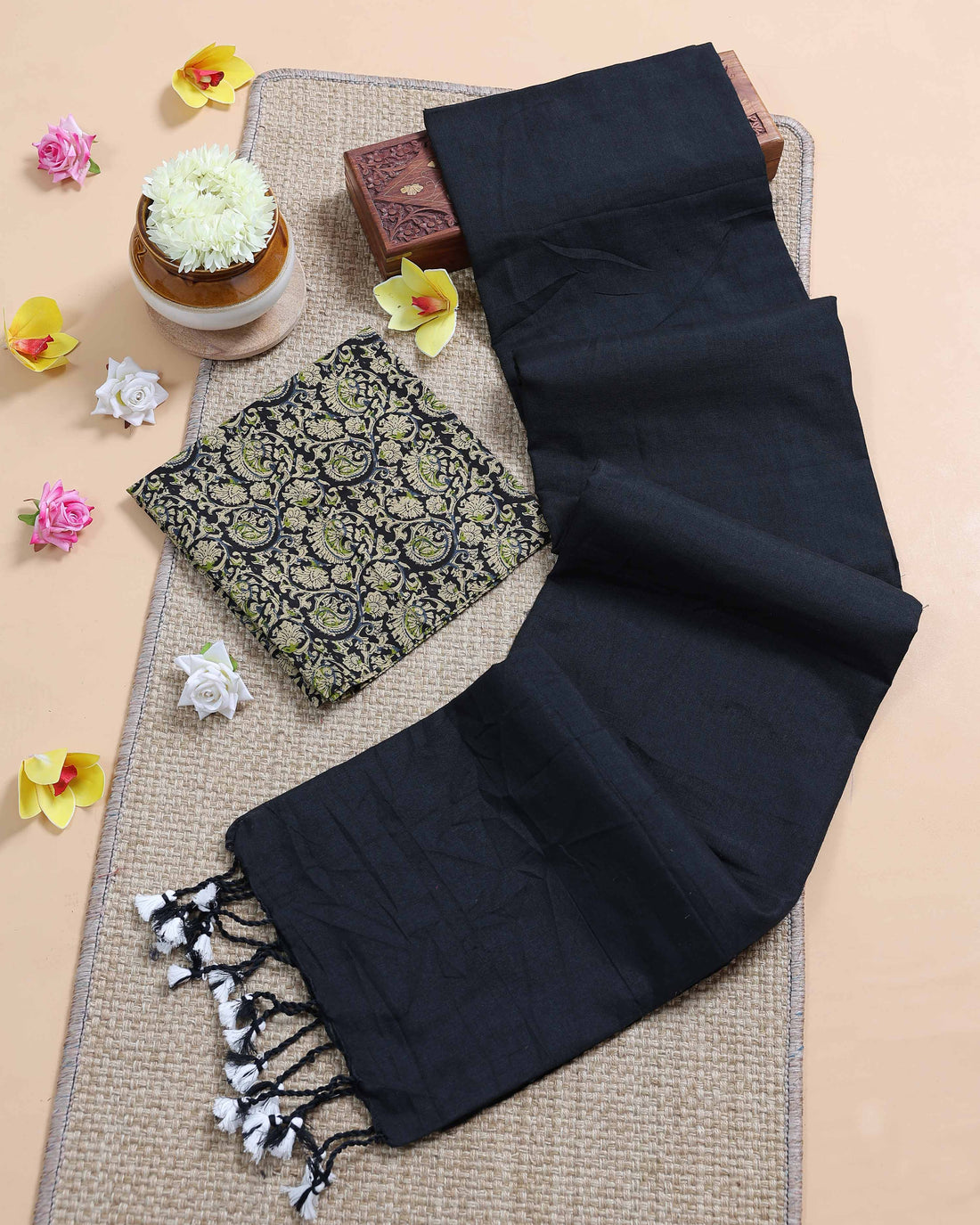Traditional Khadi Cotton Saree with Contrast Printed Blouse and Tassel Accents - Black