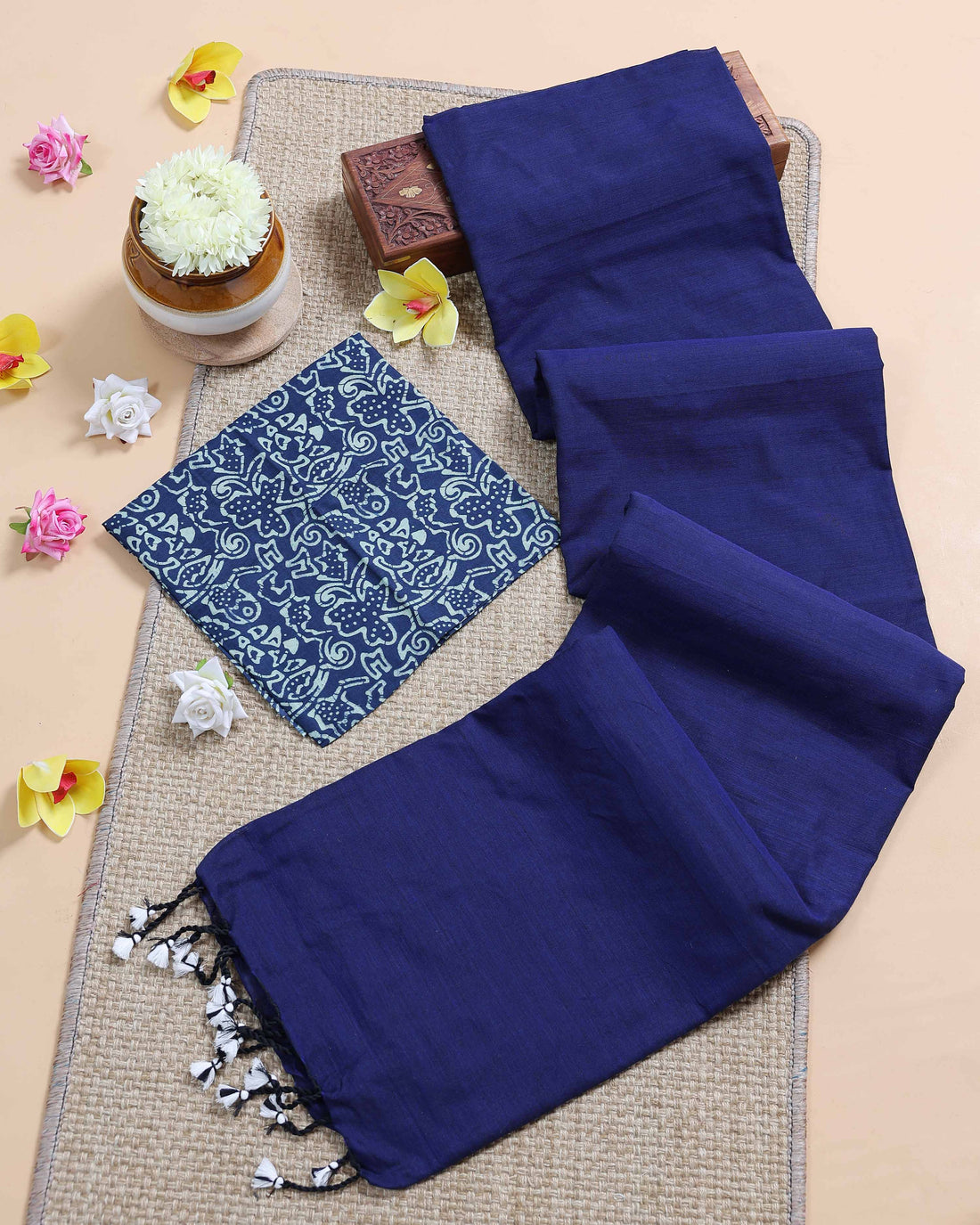 Traditional Khadi Cotton Saree with Contrast Printed Blouse and Tassel Accents - Dark Blue