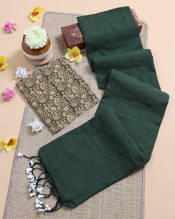 Traditional Khadi Cotton Saree with Contrast Printed Blouse and Tassel Accents - Dark Green