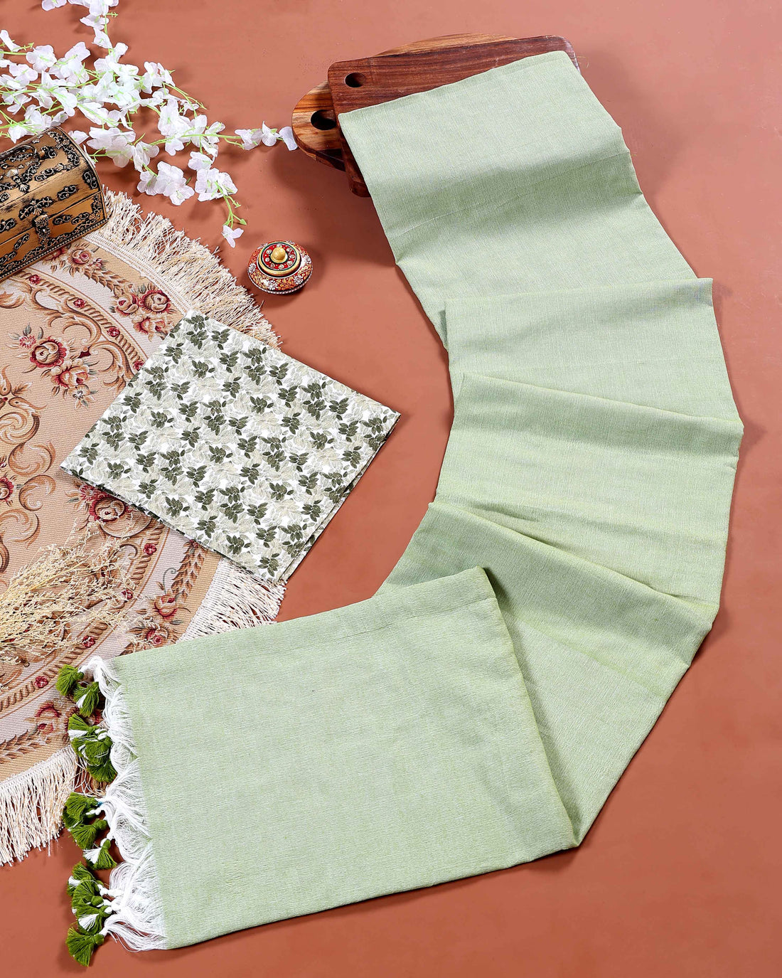 Traditional Khadi Cotton Saree with Contrast Printed Blouse and Tassel Accents - Green