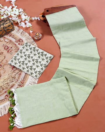 Traditional Khadi Cotton Saree with Contrast Printed Blouse and Tassel Accents - Green