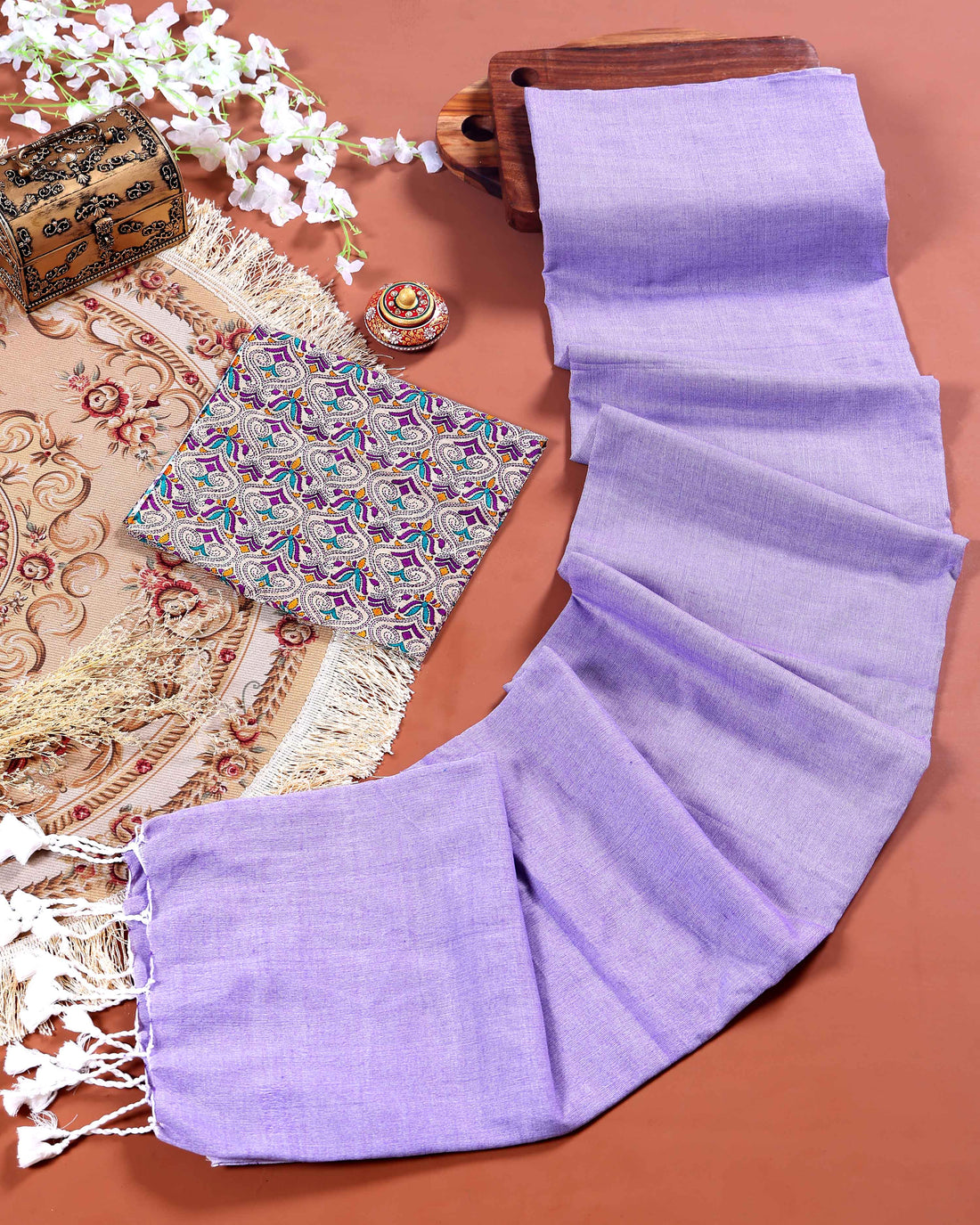 Traditional Khadi Cotton Saree with Contrast Printed Blouse and Tassel Accents - Lavender