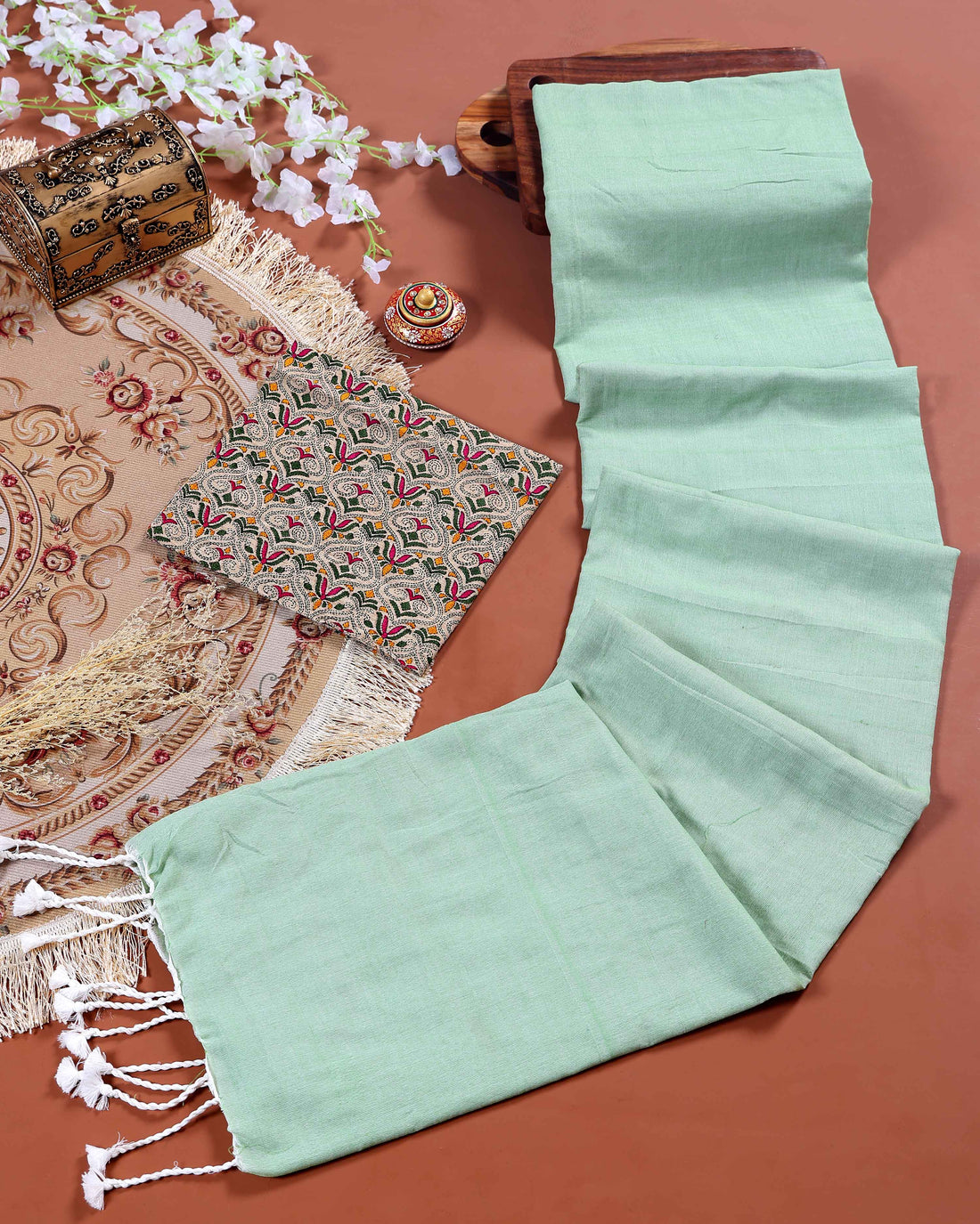 Traditional Khadi Cotton Saree with Contrast Printed Blouse and Tassel Accents - Light Green