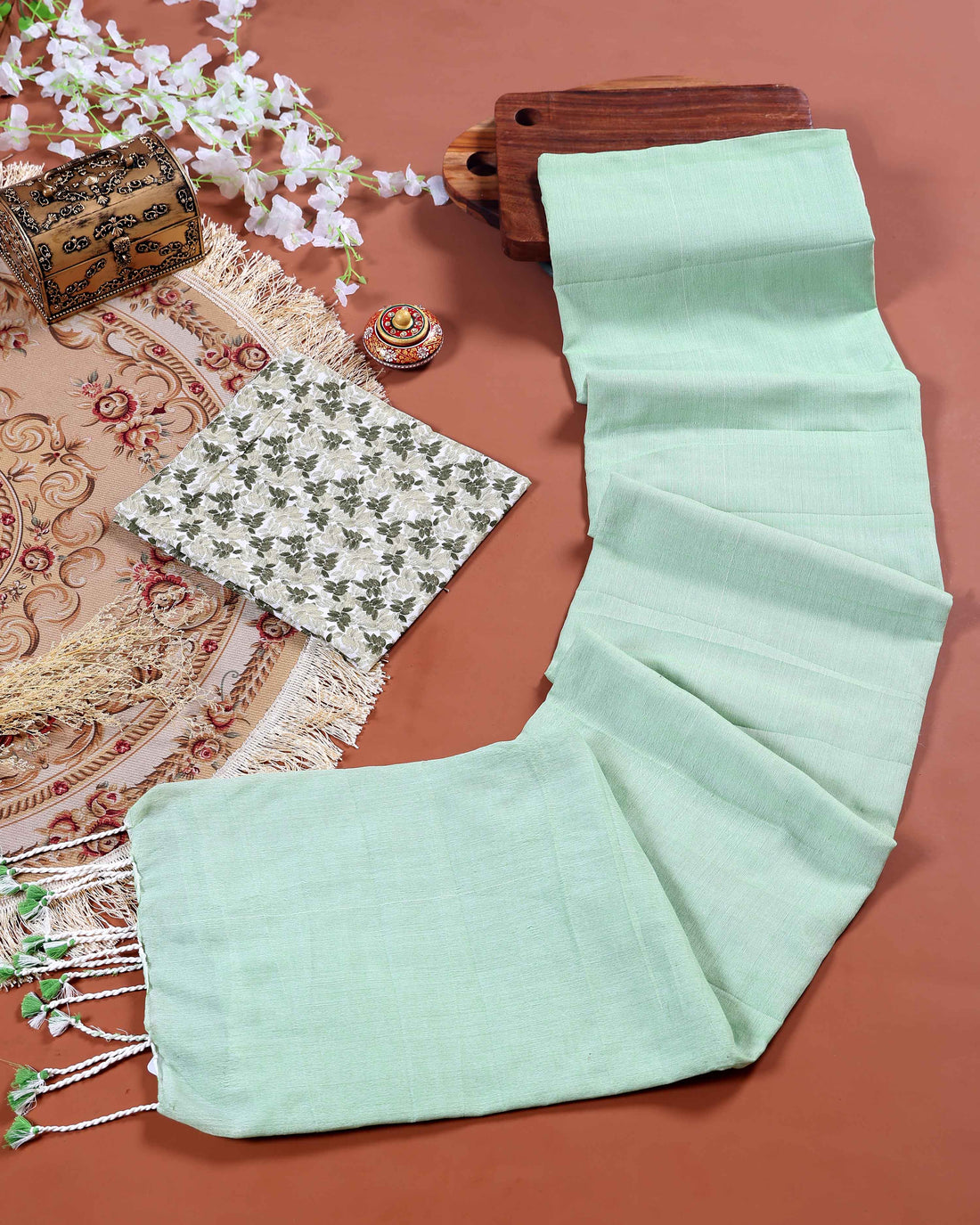 Traditional Khadi Cotton Saree with Contrast Printed Blouse and Tassel Accents - Light Green