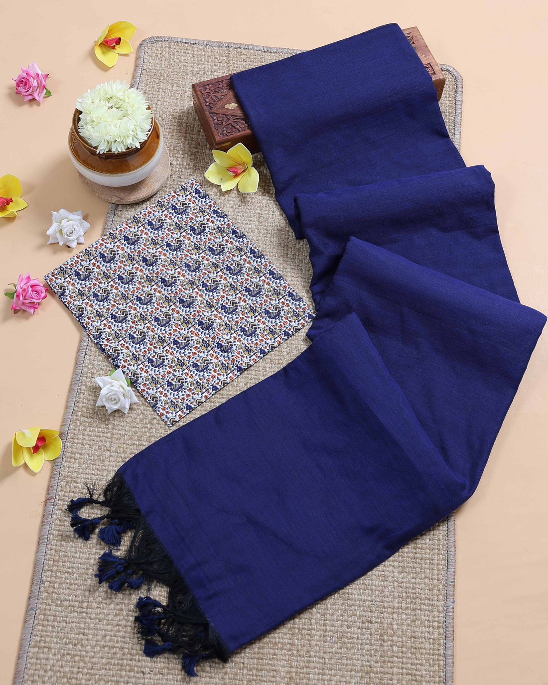 Traditional Khadi Cotton Saree with Contrast Printed Blouse and Tassel Accents - Navy Blue