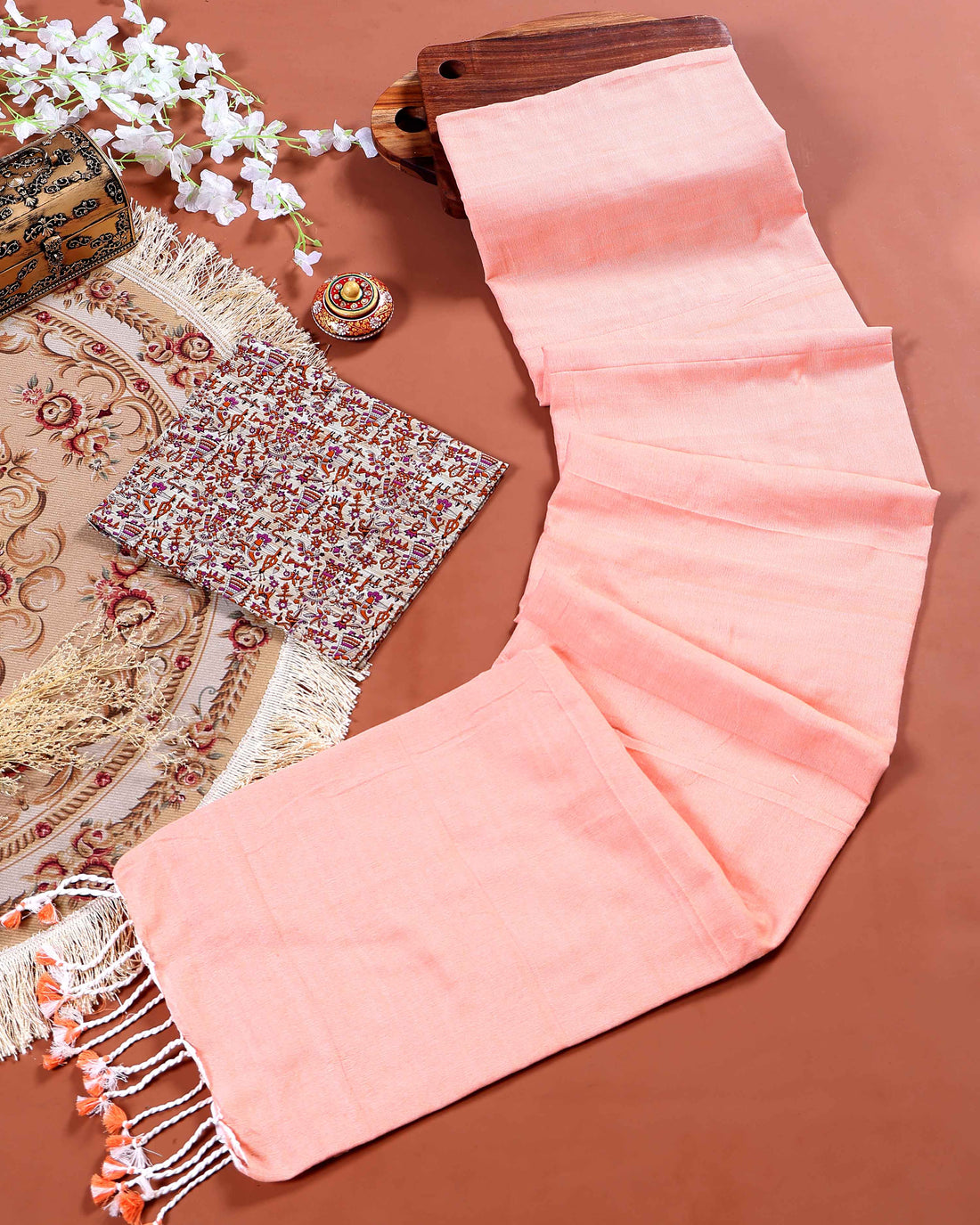 Traditional Khadi Cotton Saree with Contrast Printed Blouse and Tassel Accents - Peach-four