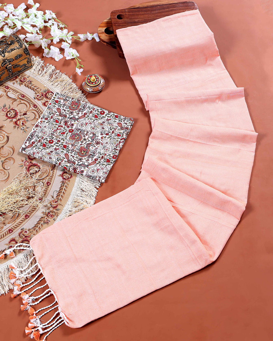 Traditional Khadi Cotton Saree with Contrast Printed Blouse and Tassel Accents - Peach