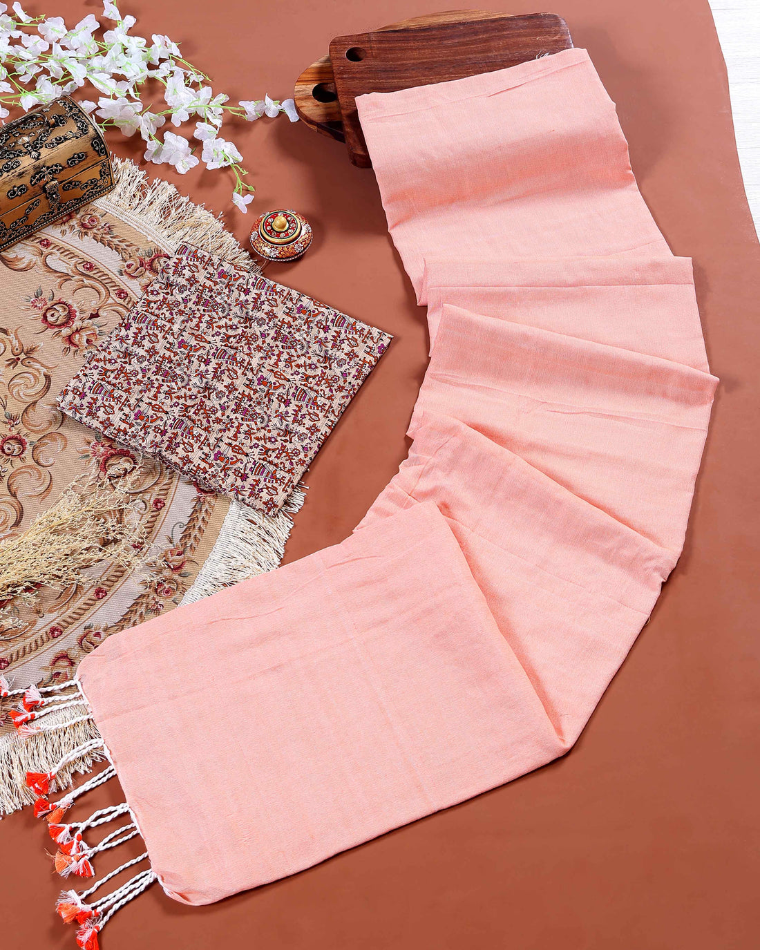 Traditional Khadi Cotton Saree with Contrast Printed Blouse and Tassel Accents - Peach