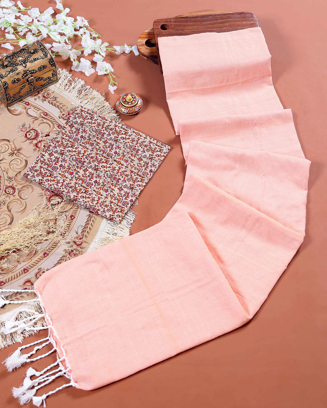 Traditional Khadi Cotton Saree with Contrast Printed Blouse and Tassel Accents - Peach