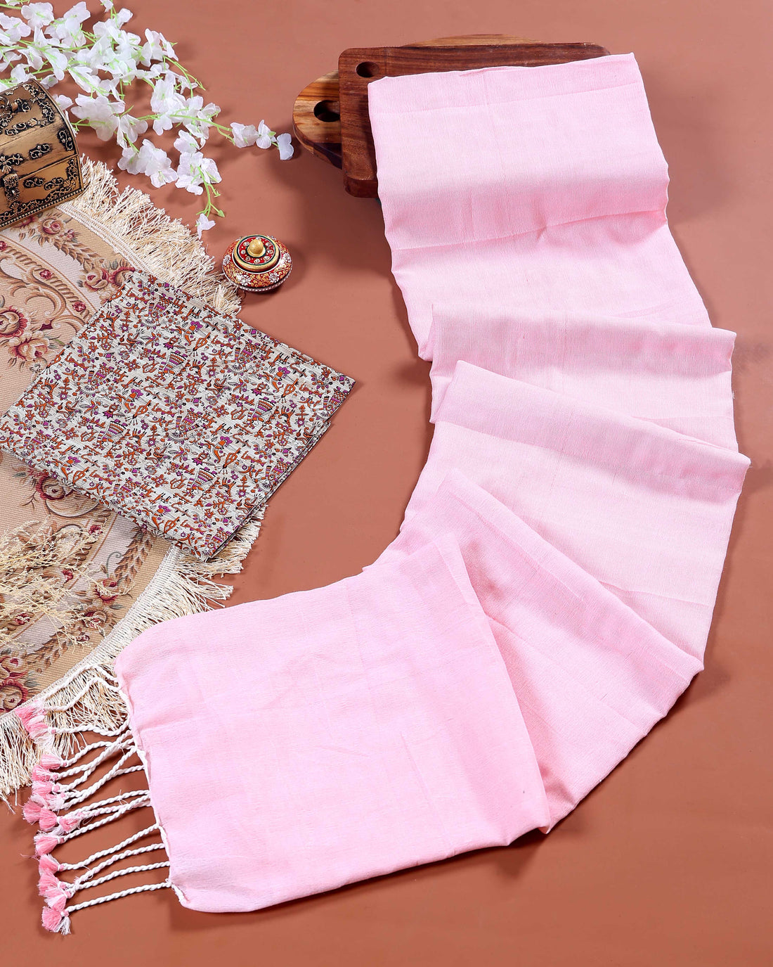 Traditional Khadi Cotton Saree with Contrast Printed Blouse and Tassel Accents - Pink