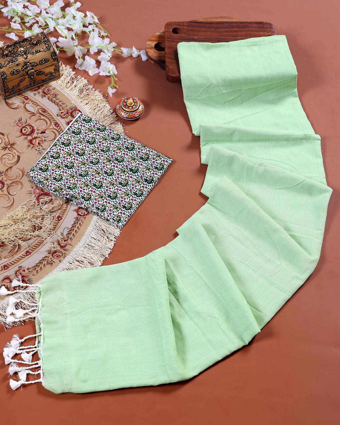 Traditional Khadi Cotton Saree with Contrast Printed Blouse and Tassel Accents - Pista Green