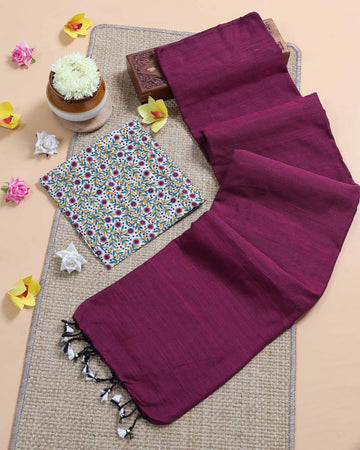 Traditional Khadi Cotton Saree with Contrast Printed Blouse and Tassel Accents - Purple