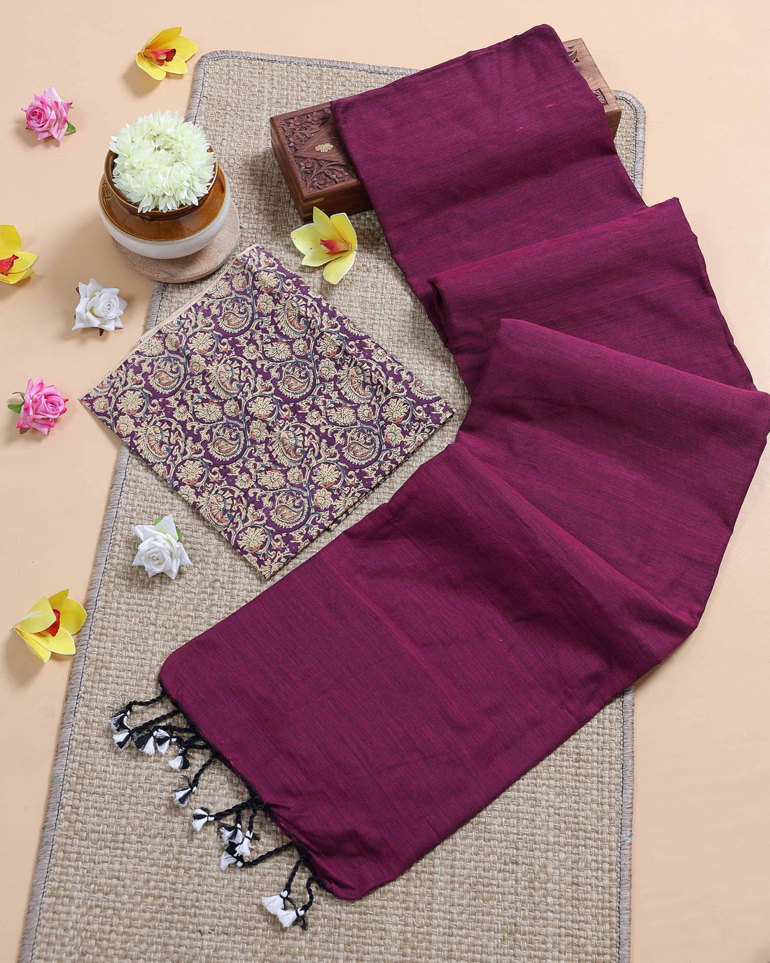 Traditional Khadi Cotton Saree with Contrast Printed Blouse and Tassel Accents - Purple