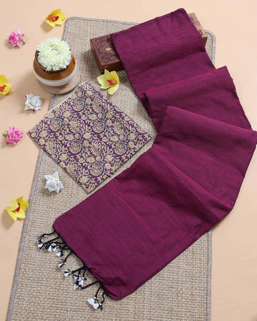 Traditional Khadi Cotton Saree with Contrast Printed Blouse and Tassel Accents - Purple