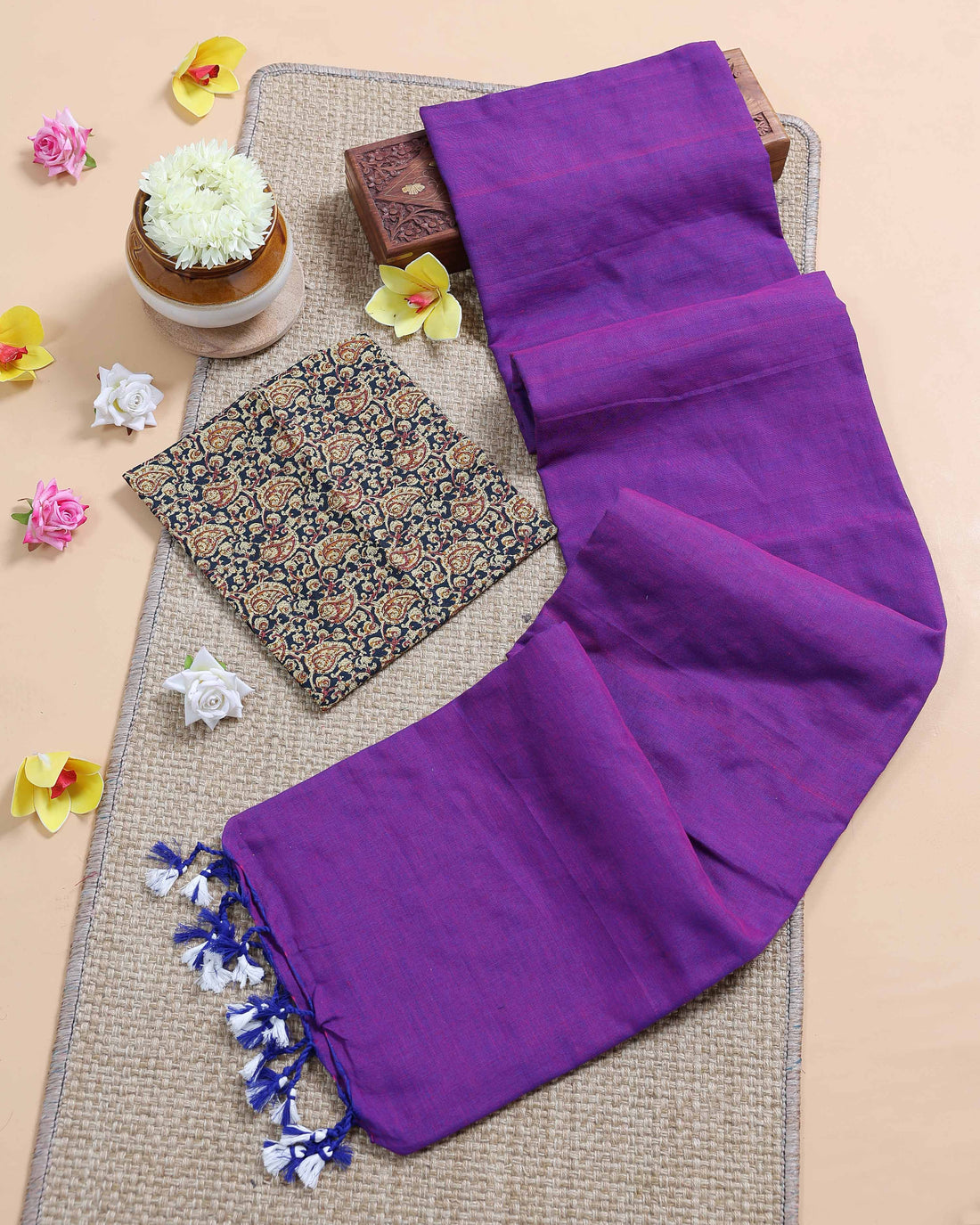 Traditional Khadi Cotton Saree with Contrast Printed Blouse and Tassel Accents - Purple