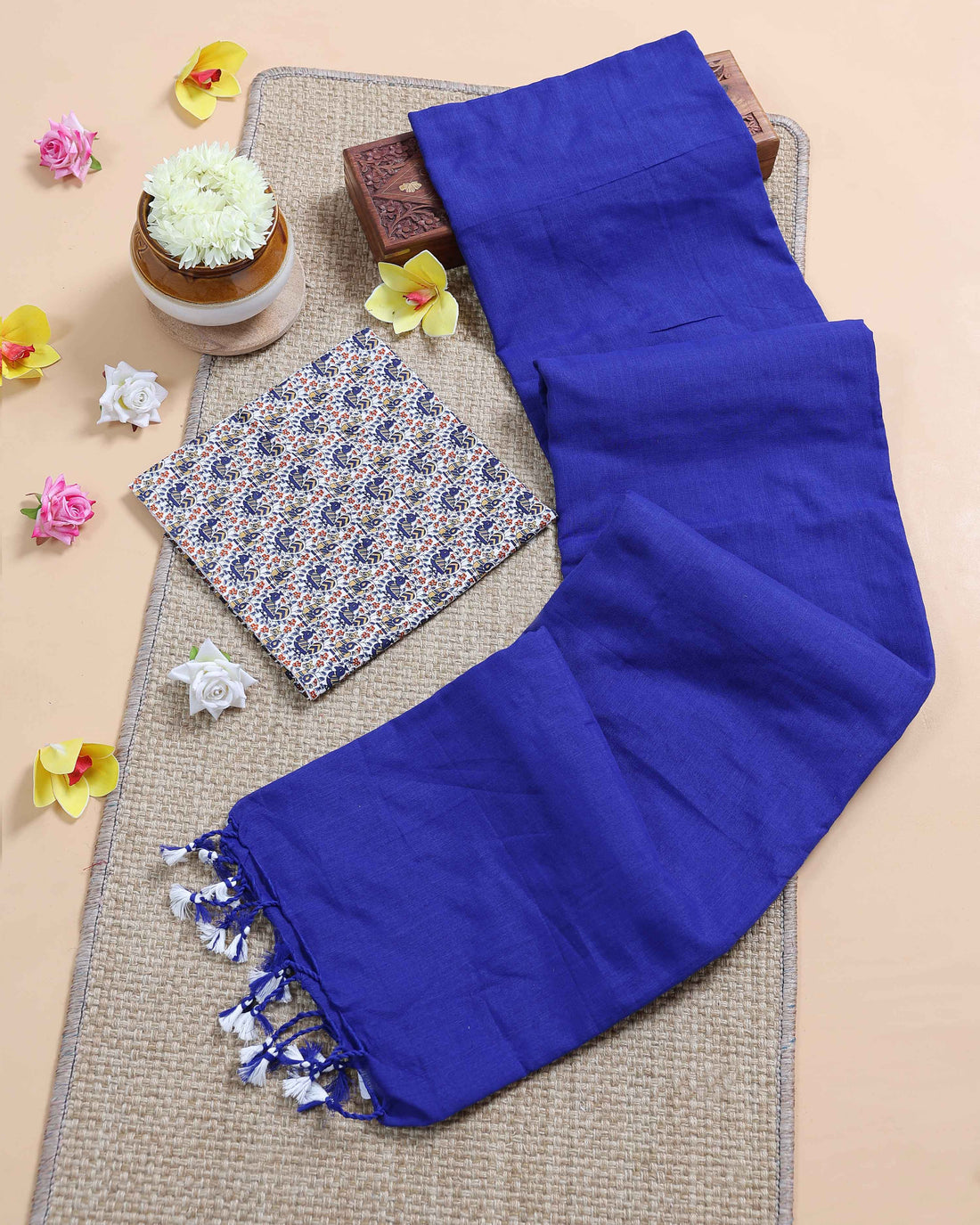 Traditional Khadi Cotton Saree with Contrast Printed Blouse and Tassel Accents - Royal Blue