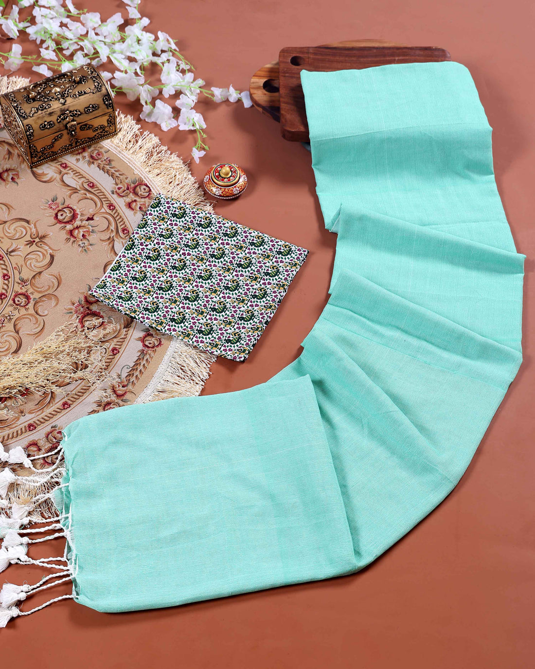 Traditional Khadi Cotton Saree with Contrast Printed Blouse and Tassel Accents - Sky Blue