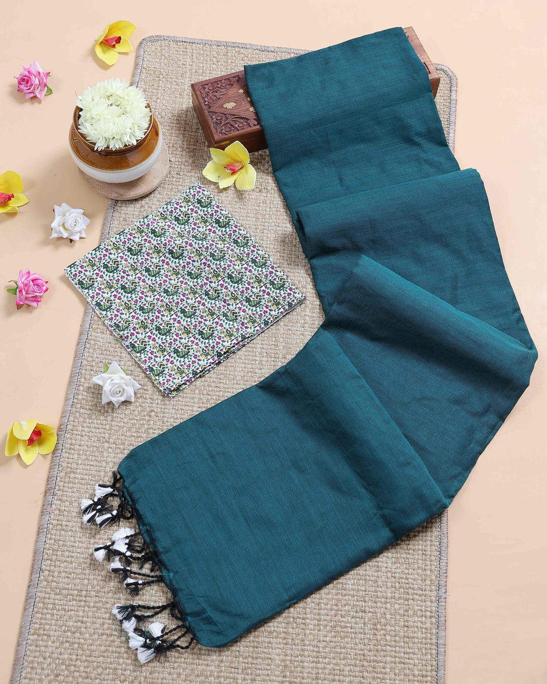 Traditional Khadi Cotton Saree with Contrast Printed Blouse and Tassel Accents - Teal