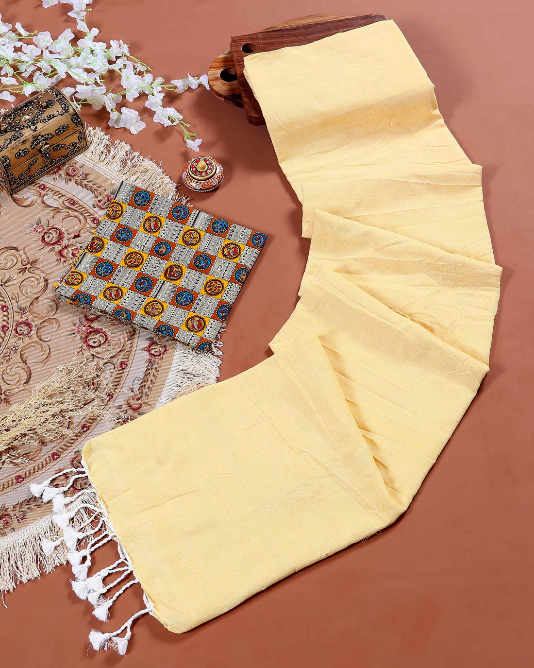 Traditional Khadi Cotton Saree with Contrast Printed Blouse and Tassel Accents - Yellow