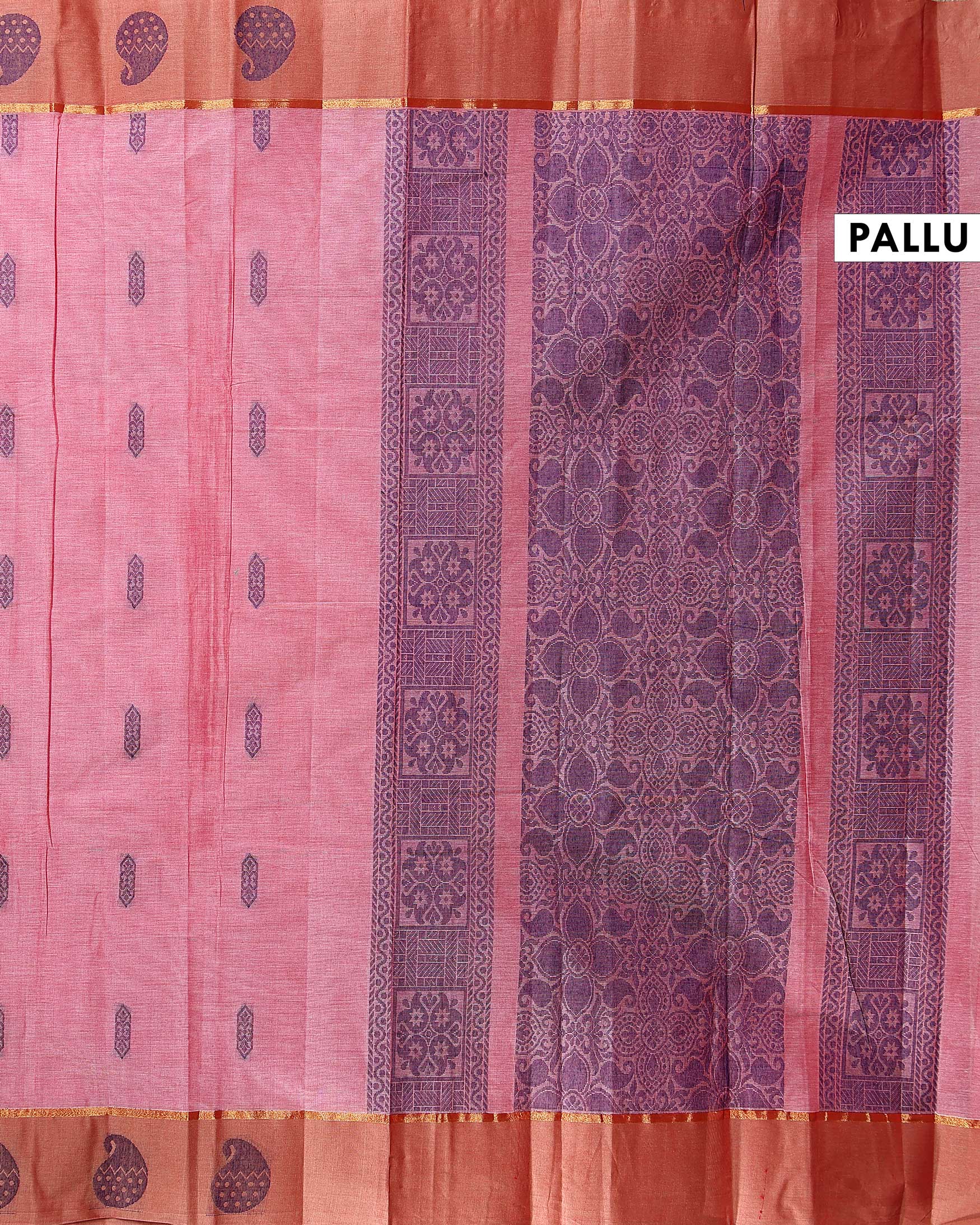 Traditional Kovai Cotton Handloom Saree with Contrast Border and Woven Motifs - Pink