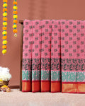 Traditional Kovai Cotton Saree with All Over Floral Print and Contrast Jacquard Border - Pink