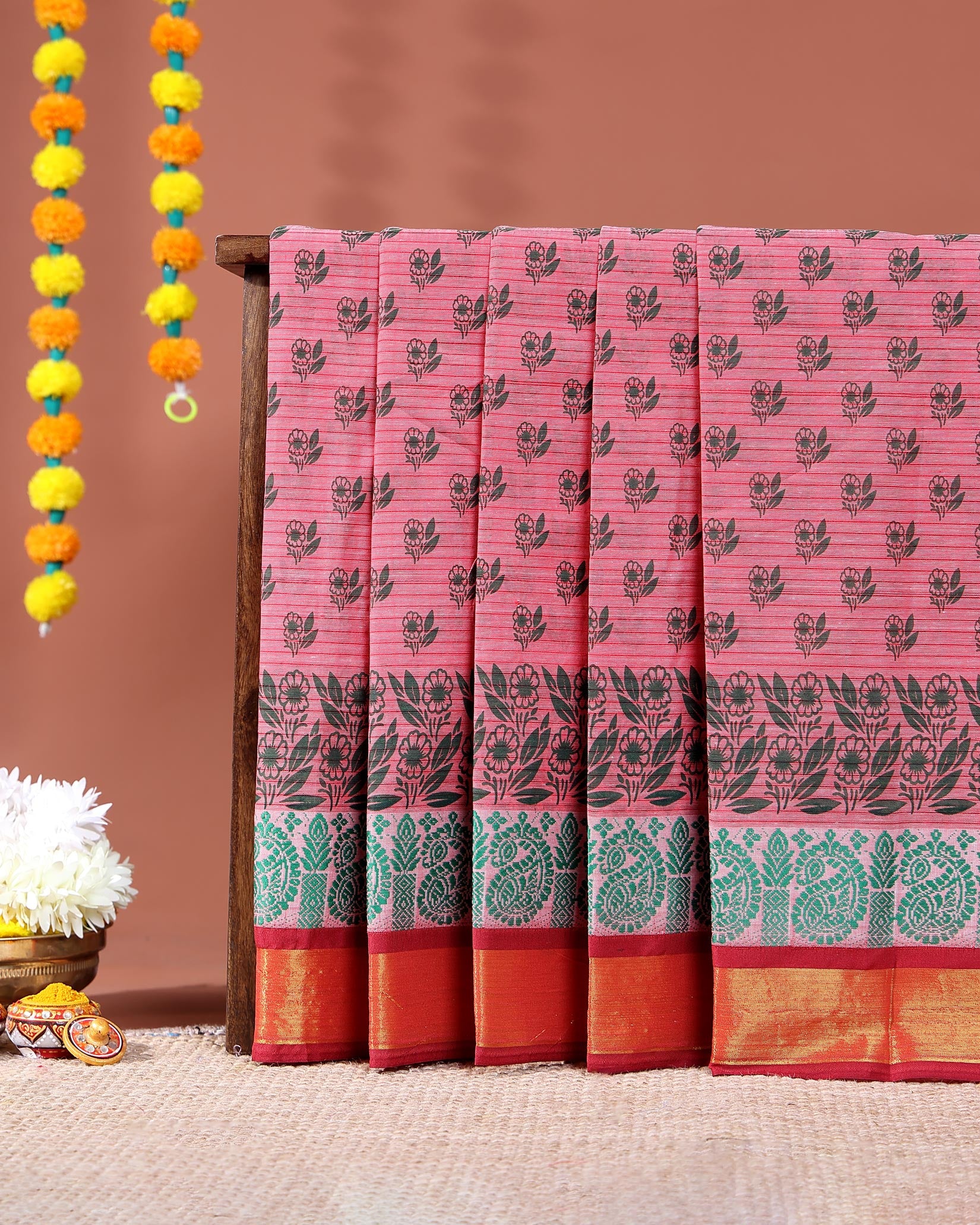 Traditional Kovai Cotton Saree with All Over Floral Print and Contrast Jacquard Border - Pink