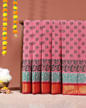 Traditional Kovai Cotton Saree with All Over Floral Print and Contrast Jacquard Border - Pink