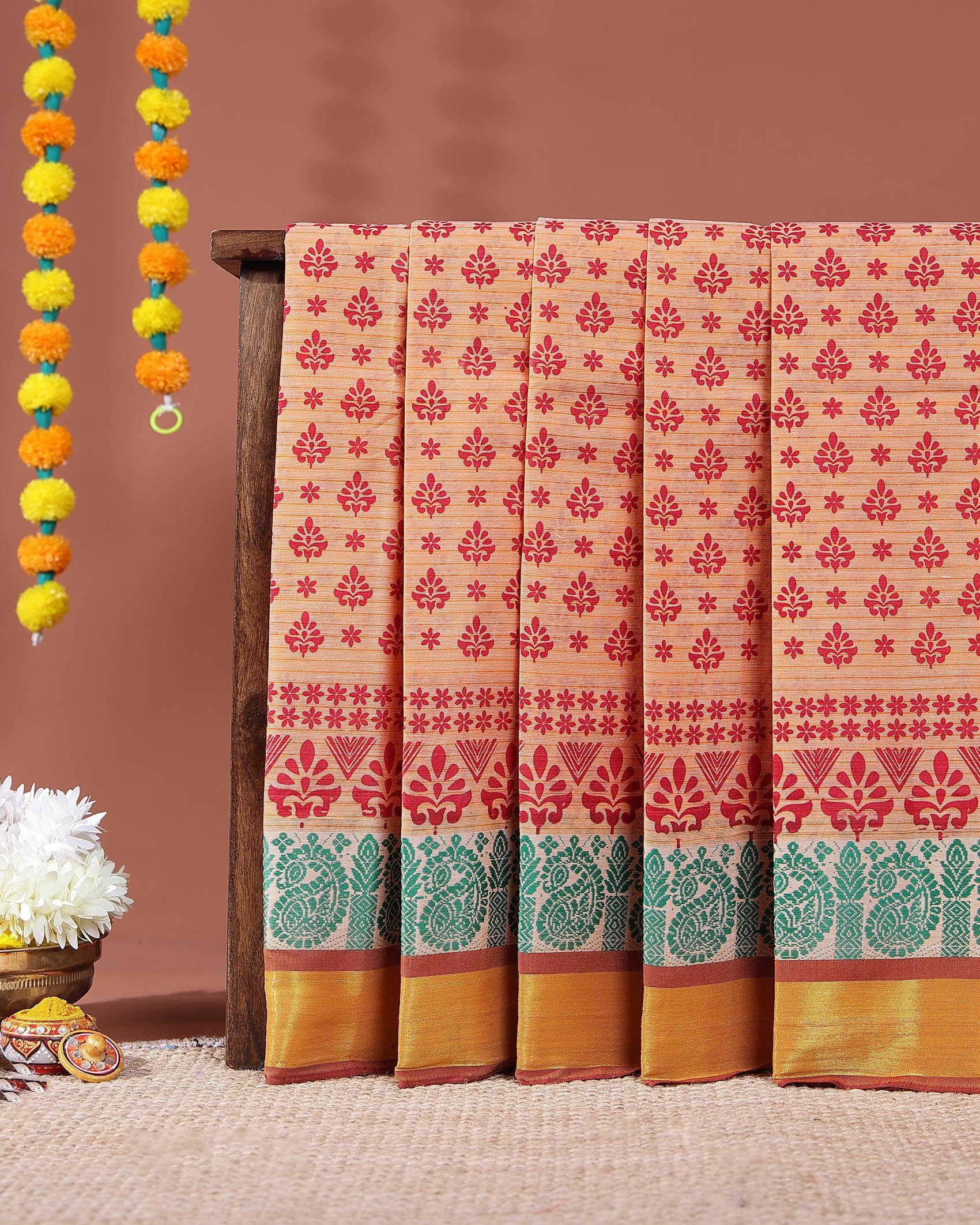 Traditional Kovai Cotton Saree with All Over Traditional Motif Weave and Contrast Jacquard Border- Peach