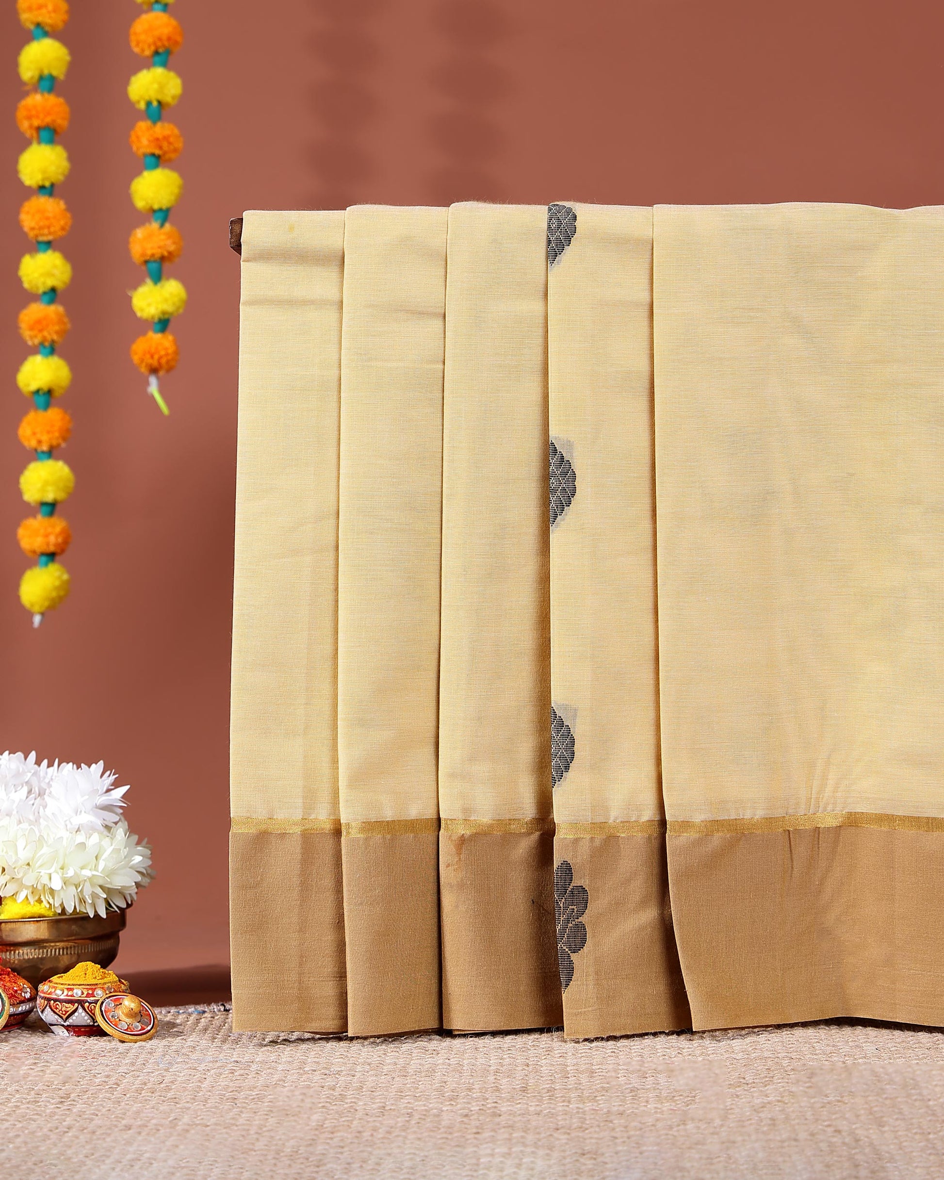 Traditional Kovai Cotton Saree with Contrast Border and Subtle Woven Motifs - Sandal