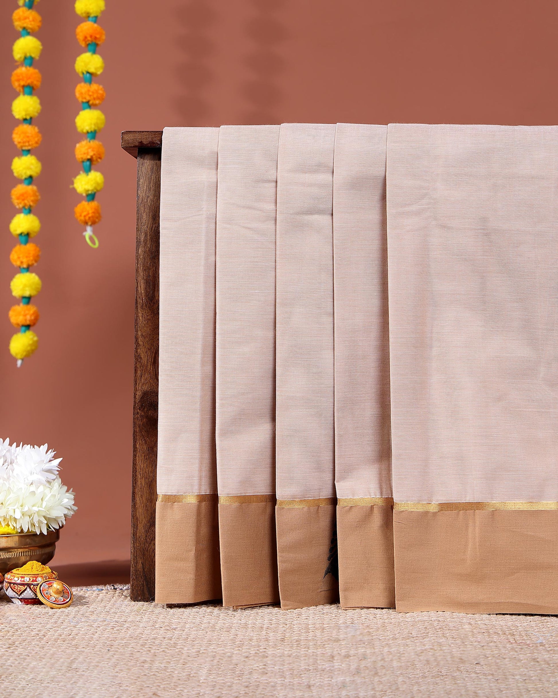 Traditional Kovai Cotton Saree with Plain Body and Contrast Border - Light Brown