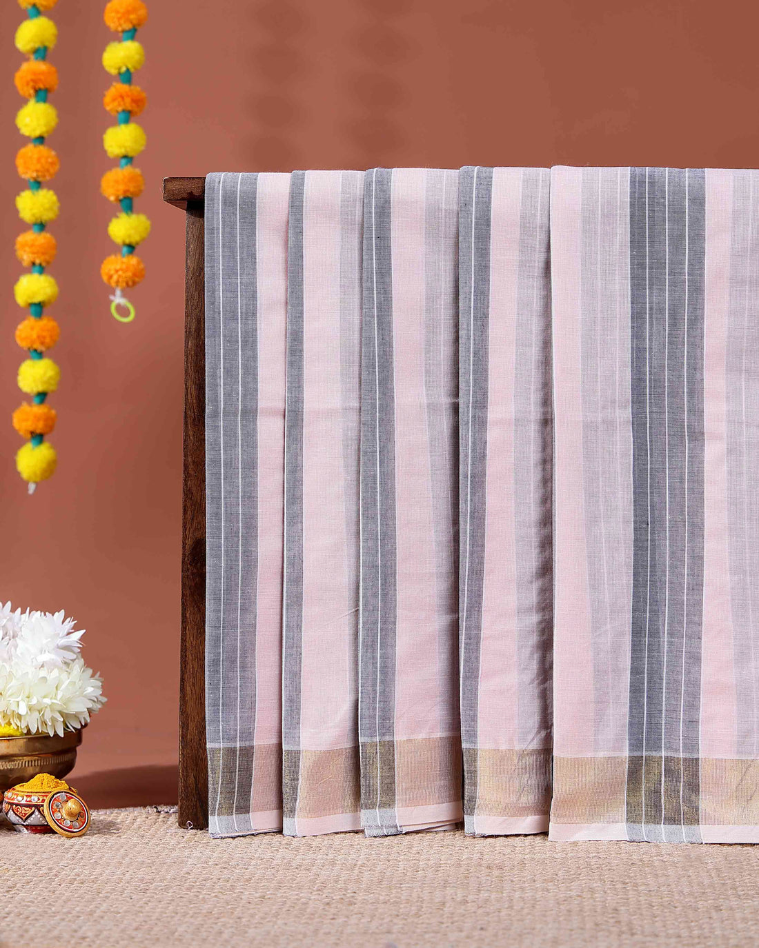 Traditional Kovai Cotton Saree with Striped Body and Woven Border - Light Pink